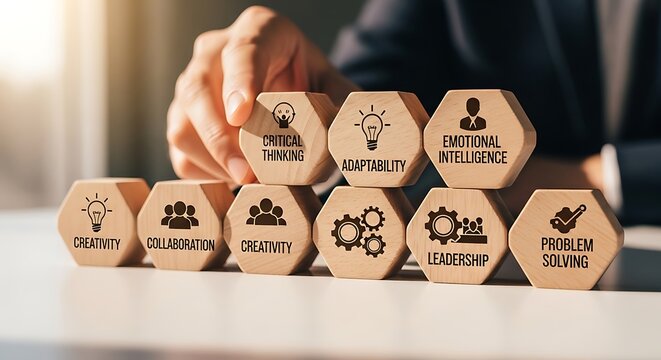 Businessman stacking wooden hexagon blocks with business skills for professional growth concept