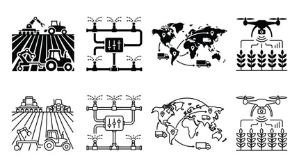 Fototapeta premium Set of smart farming icons, including automated machinery, irrigation systems, global logistics, and drone crop monitoring, vector illustration