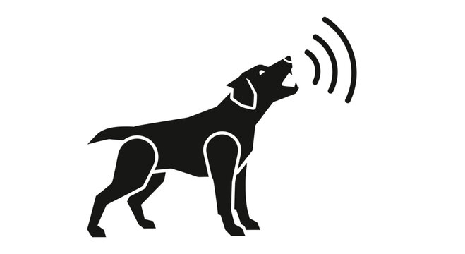 Dog silhouette barking with sound waves emanating from its mouth is isolated on a clean white background.