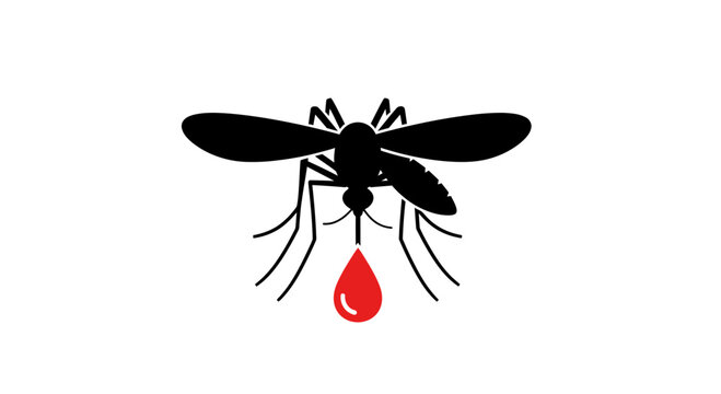 Mosquito silhouette with a red blood drop illustrates the risk of insect bites and the transmission of blood-borne diseases or viruses.