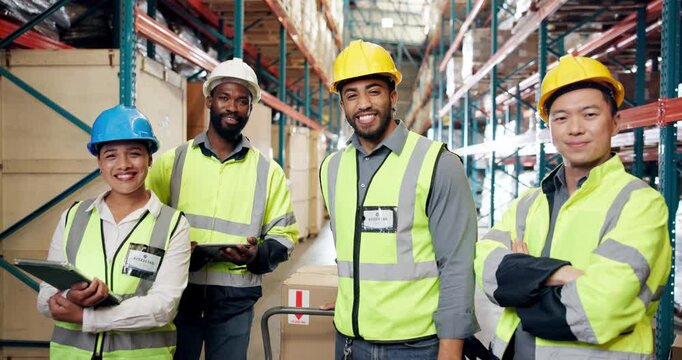 Face, team and logistics employees in warehouse for discussion on inventory or online order. Portrait, digital technology and supply chain workers with distribution, stock or inspection information