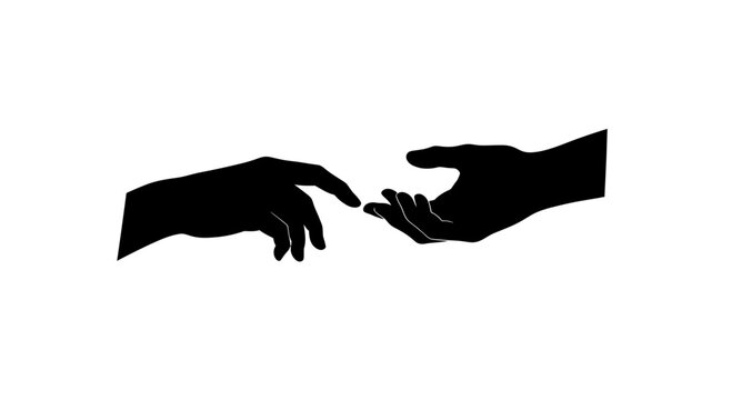 Two silhouetted hands reaching towards each other, fingertips almost touching, illustrating connection, creation, or a significant moment of contact.