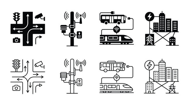 Smart city infrastructure icons set traffic management, iot sensors, electric public transport, power grid, urban technology, digital city services, vector illustration
