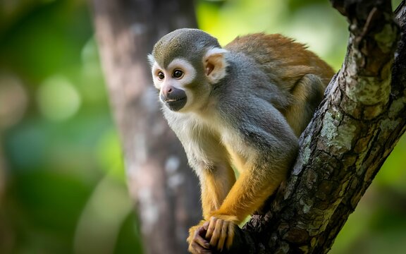 Small Squirrel Monkey Climbing On A Thick Mossy Tree Branch In Jungle