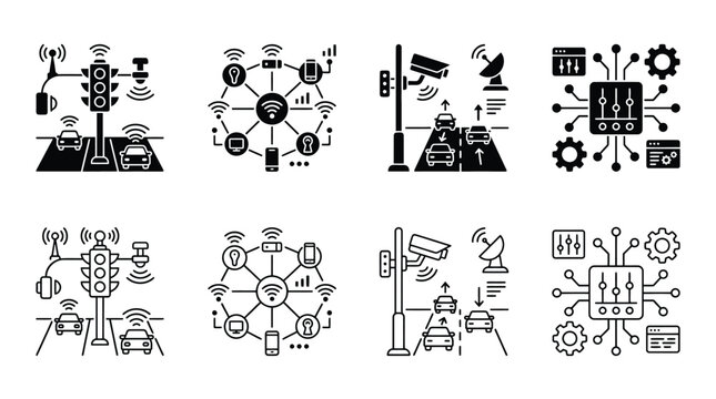 Smart city traffic management icons set intelligent transport system connected vehicles and road infrastructure vector glyph and line style collection