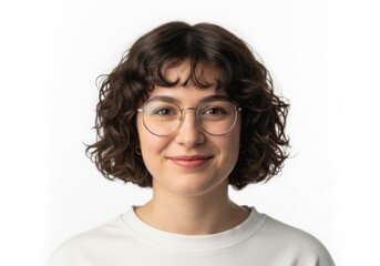 Obraz premium Portrait of a person with glasses and curly hair smiling