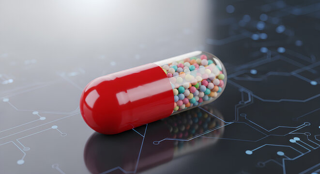 Closeup of a red and transparent capsule containing colorful granules.