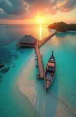 Obraz premium Island bungalow on stilts over clear turquoise water at sunset. Wooden pier leads to thatched roof hut. Traditional boat rests near white sand beach.