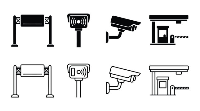 Set of toll road icons, highway electronic payment system, traffic monitoring camera, barrier gate, vector illustration