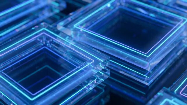 Tech vibes create futuristic glowing blue transparent square layers with neon light reflections sleek digital abstract design full of depth and light