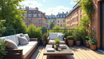 Fototapeta premium Terrace with sofa and chairs overlooks cityscape. Plants and trees surround seating area. Wooden deck offers urban retreat. Buildings and blue sky visible.