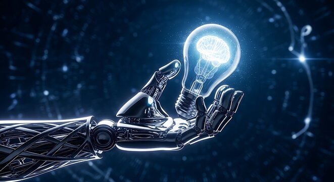 Robotic hand holding a glowing light bulb with a brain inside representing artificial thought.