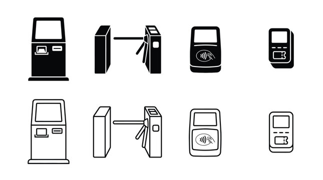 Set of ticket and access control icons, including selfservice kiosk, turnstile, contactless payment terminal, and ticket validator, flat vector illustration