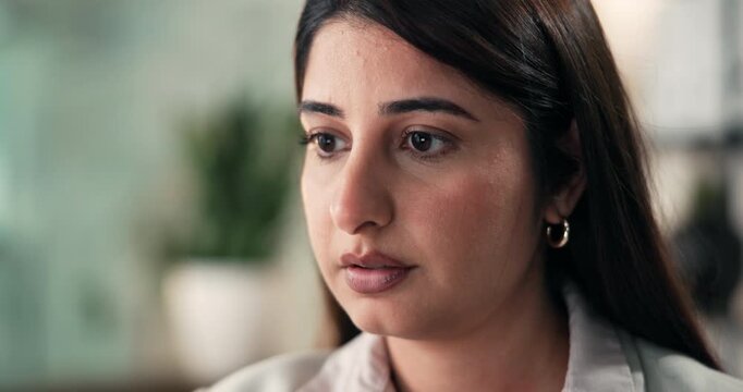 Reading, shock and business woman in office for mistake, online error and bad news for investment fail. Professional, corporate and person with surprise, confused and stressed for accident at night