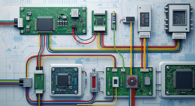 Complex electronic circuit board with various components and connections.