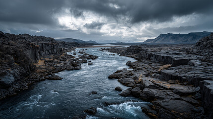Fototapeta premium realistic glacial river cutting through a black volcanic lava field, dramatic cloudy sky above distant mountains, cinematic Iceland landscape photography, ultra detailed textures.