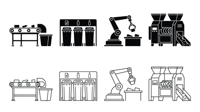 Recycling process icons set, waste sorting and management vector illustration of conveyor belt, trash bins, robotic arm, and industrial shredder machine for recycling plant