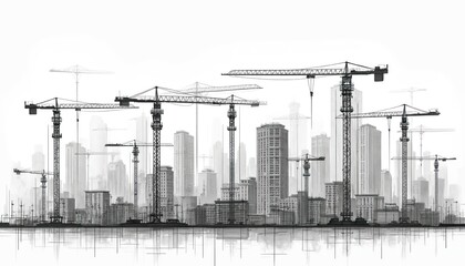 Obraz premium Group of cranes and tall buildings show urban city development project. Construction site outlines abstract city skyline. Modern architecture builds future metropolis.