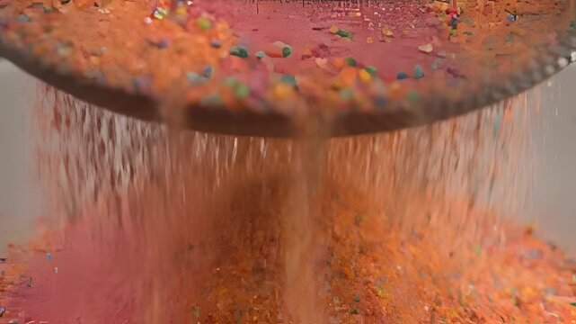 Close up of colorful spices being sifted through a sieve.