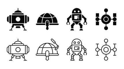 Set of space exploration icons, including lunar lander, space habitat, robot, and satellite, vector illustration © Hikari Vector Studio