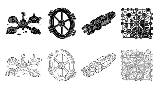 Set of space station icons, futuristic orbital outposts, research bases, and spacecraft vehicles