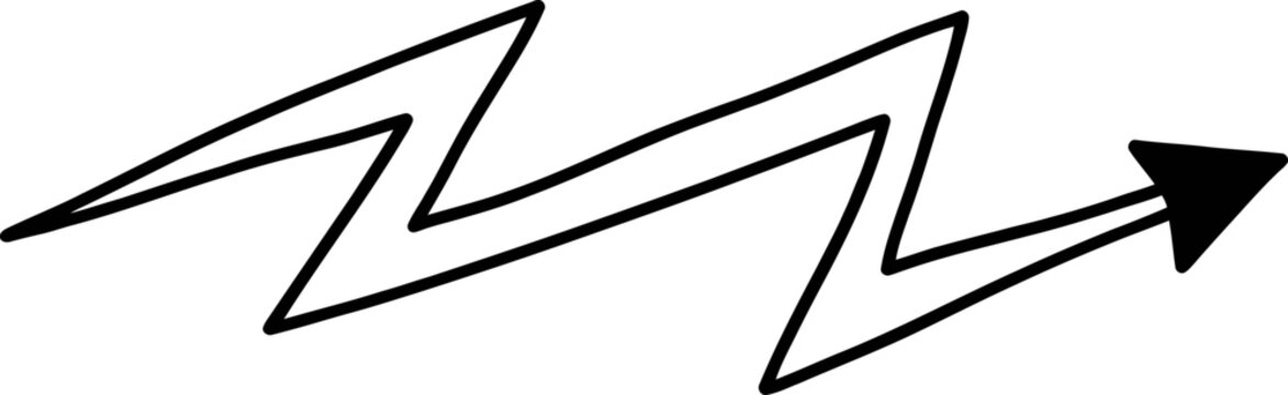 Hand drawn lightning bolt arrow vector, black doodle thunderbolt pointer icon, sketchy zigzag flash symbol for creative design projects