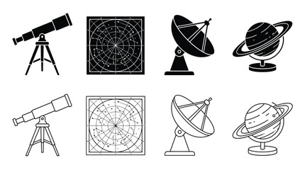 Set of astronomy icons, telescope, star map, satellite dish and saturn planet, vector illustration © Hikari Vector Studio