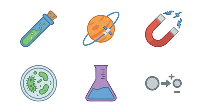 Set of six colorful scientific vector icons featuring laboratory equipment and space exploration elements designed in a clean flat style