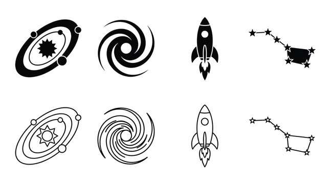 Set of space icons, including solar system, spiral galaxy, rocket ship, and big dipper constellation