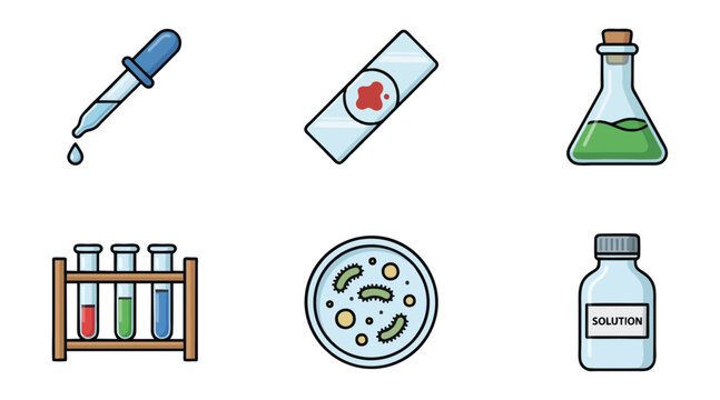 Colorful vector illustration set featuring essential laboratory equipment like glass beakers test tubes petri dishes and medical sampling tools icons