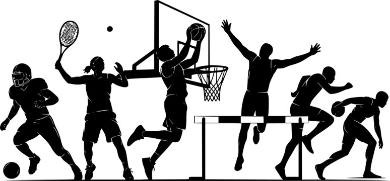 Sports and Athletes Action Silhouette Vector Set. Dynamic Fitness, Training, and Competitive Team Sports Characters on White Background.
