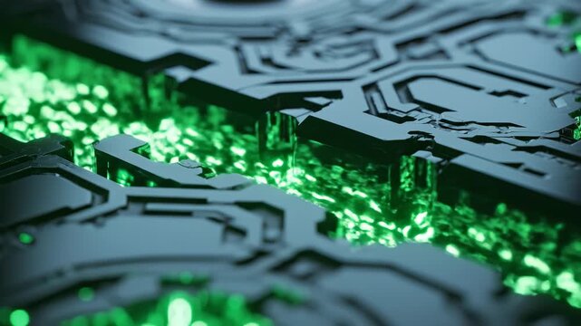 Closeup of illuminated circuit board ideal for tech startups and software commercial themes