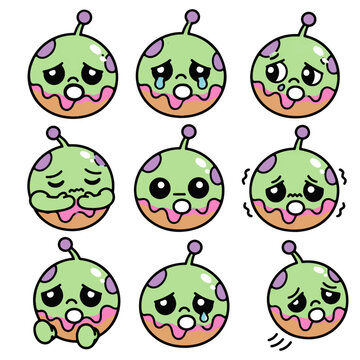 Cute Sad Alien Donut Character Set, Kawaii Crying Space Dessert Doodle Sticker Collection with Lonely Expressions