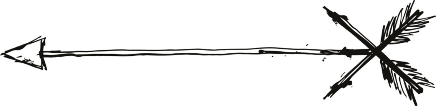 Vintage hand drawn arrow vector, rustic tribal hunting arrow with feathers, black and white sketch of traditional archery weapon