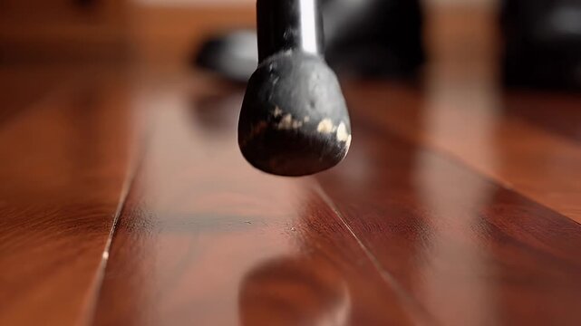Close-up of a chair leg on a polished wooden floor.