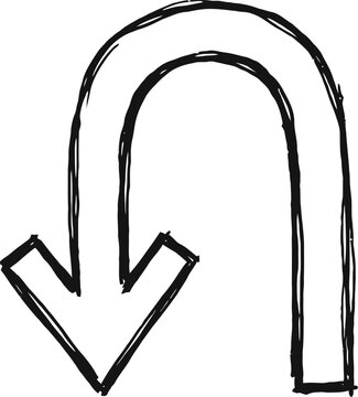 Hand-drawn u-turn arrow vector illustration, black ink sketch of curved directional arrow, minimalist doodle pointing down and back