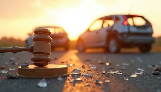 Gavel and wrecked cars on road at sunset symbolize legal process after auto crash. Justice for accident victims, car insurance claims, and legal proceedings are depicted.