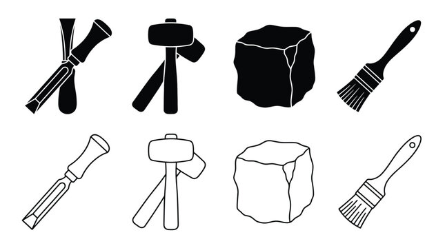 Set of sculpting and masonry tools, including chisels, mallets, stone blocks, and brushes