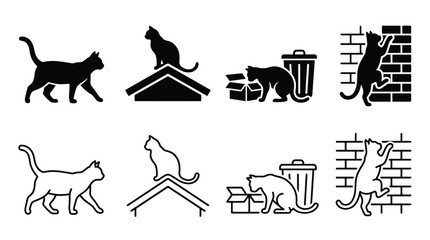 Set of cat icons, vector illustration of cats in different poses, walking, sitting on roof, playing with box, climbing brick wall, black silhouette and outline style