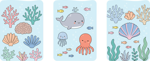 Cute underwater ocean sea life vector card set featuring adorable cartoon whale octopus jellyfish seashell and colorful coral reef elements (21 words) © MDSaiful