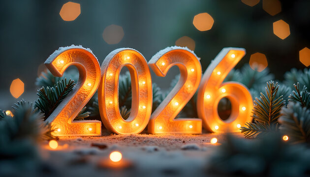 Warm Lit 2026 Decoration Surrounded by Evergreen Branches and Sparkling Lights