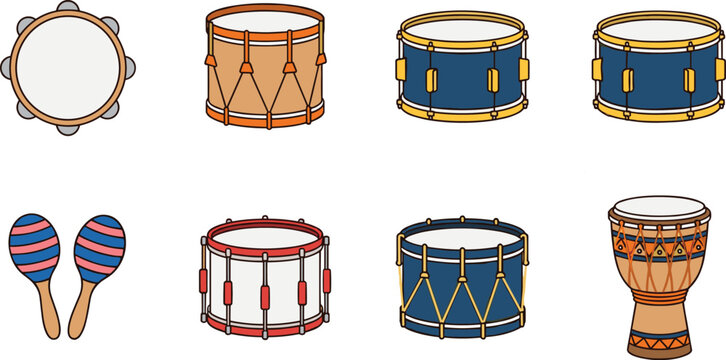 Musical percussion instrument vector element collection set with different drums tambourine maracas and african djembe goblet drum isolated on white background