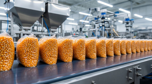 Bags of golden raw corn kernels moving on a conveyor belt in a modern industrial food processing and packaging factory.