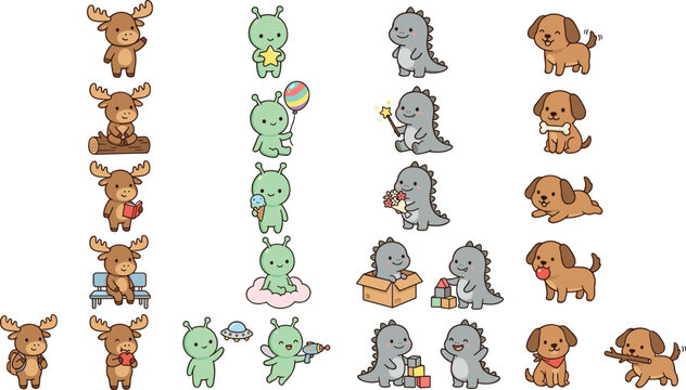 PrintCute cartoon animal character vector set featuring adorable baby moose green alien chibi dinosaur and puppy dog stickers for children illustration