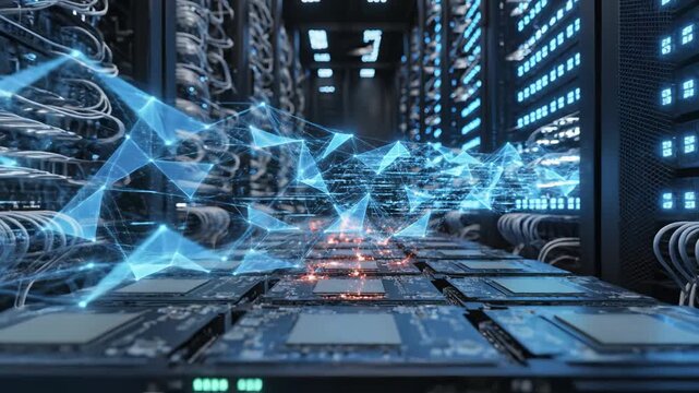 Server room with data processing visuals ideal for tech startups and software commercial themes