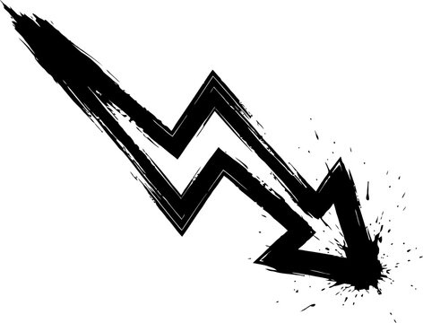 Grunge black arrow pointing down, hand drawn ink splatter arrow vector, distressed brush stroke downward pointer for business decline
