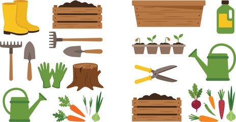 Flat gardening tools and agriculture vector element collection set with watering can boots seedlings trowel gloves and vegetables isolated on white background © MDSaiful