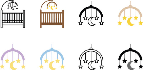 Baby crib and hanging mobile carousel icon vector element collection set with moon stars and nursery furniture isolated on white background © MDSaiful