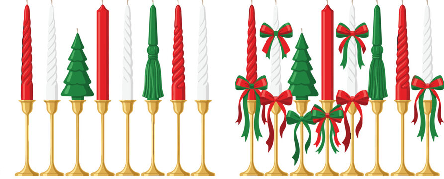 Elegant Christmas candle vector element set with red white green festive taper candles in gold candle holders isolated on white background