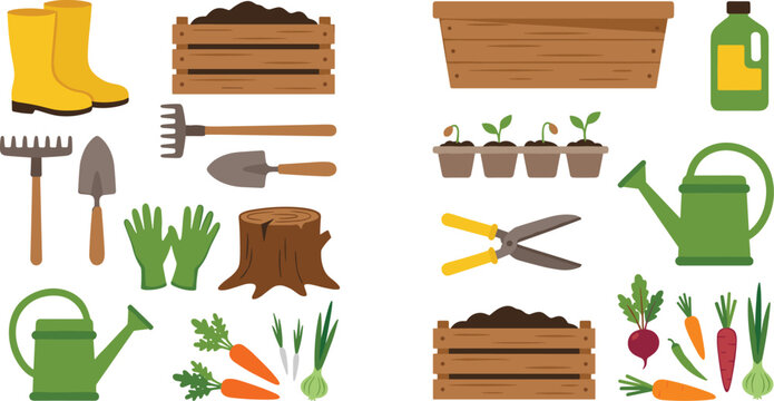 Flat gardening tools and agriculture vector element collection set with watering can boots seedlings trowel gloves and vegetables isolated on white background